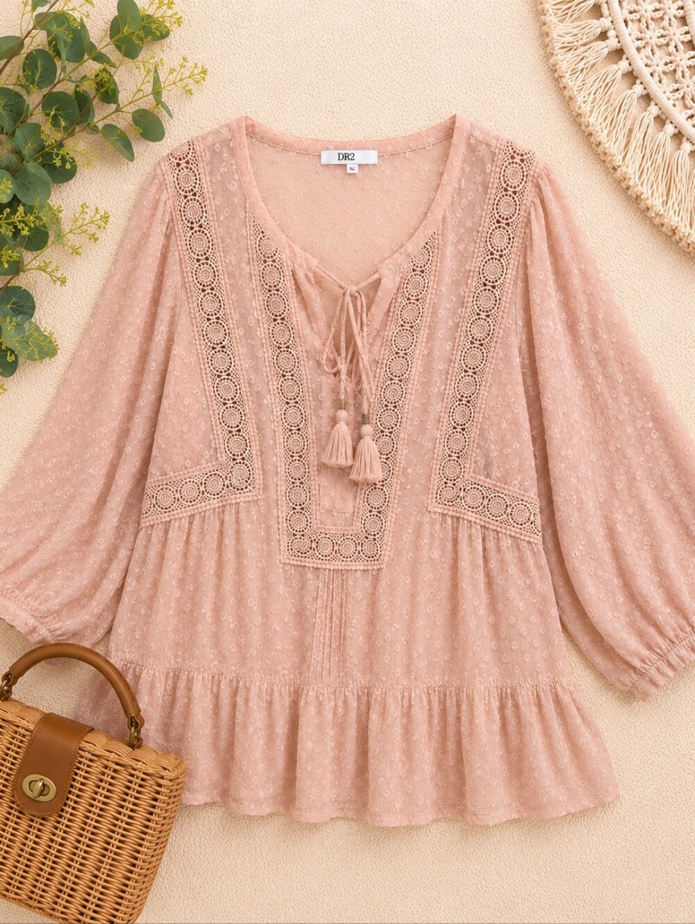 DR2 Blush Pink Lace Tassel Peasant Top XL